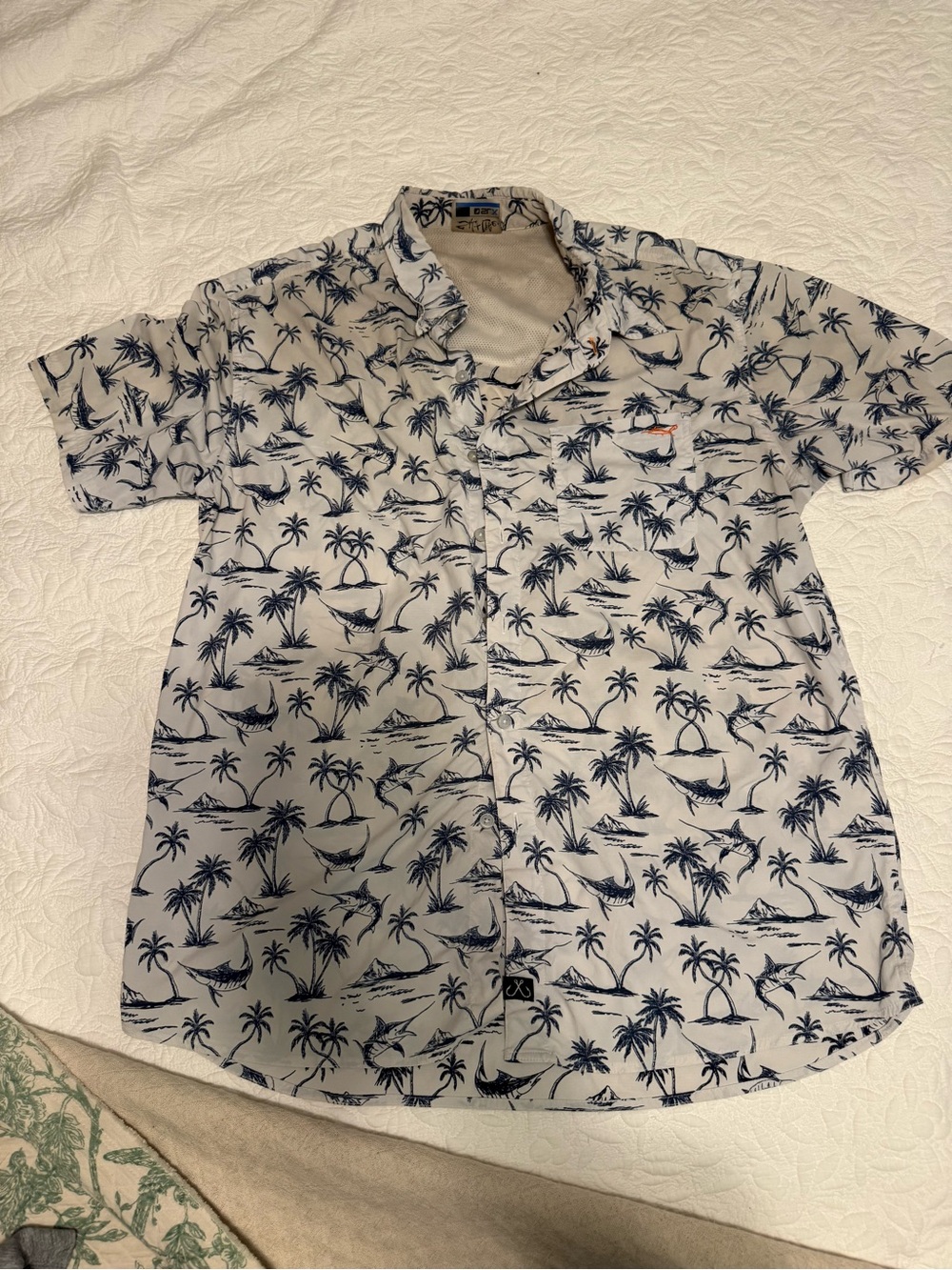 Salt Life White Short-Sleeve Button-Down with Navy Tropical Print